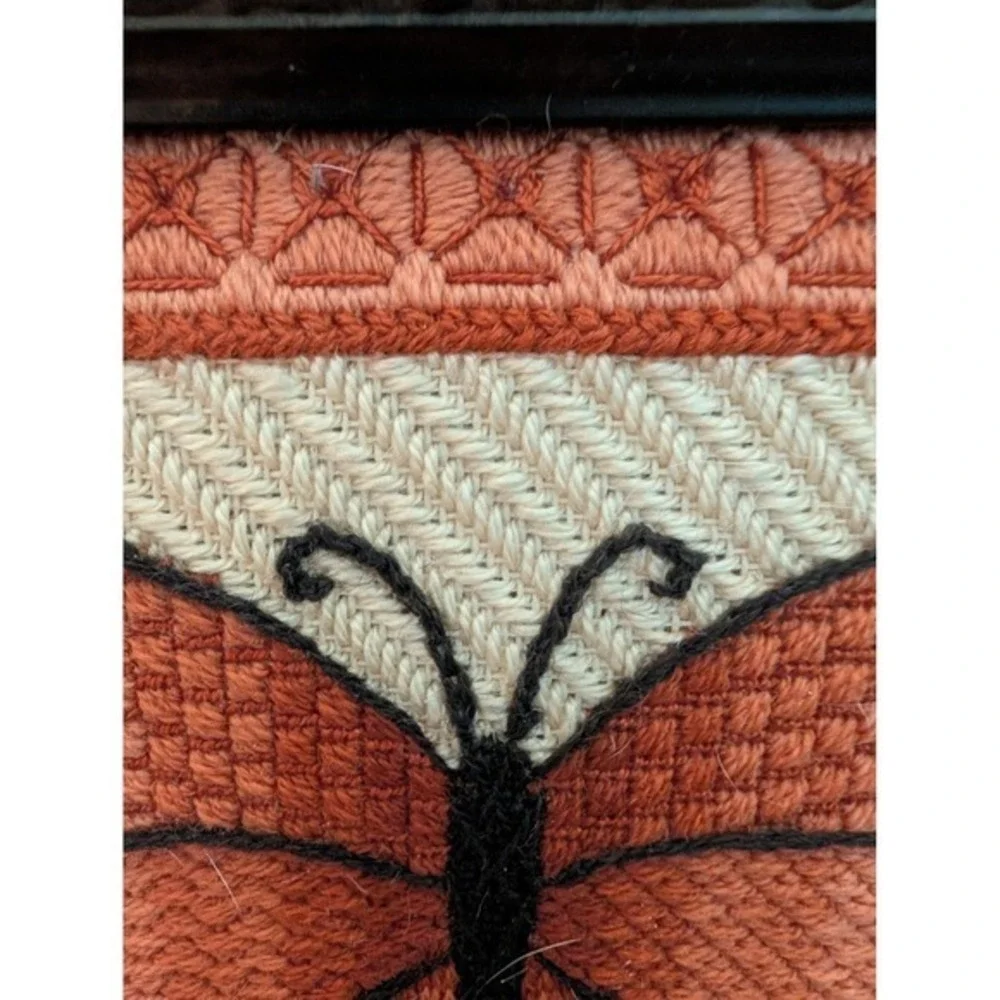 Vintage Handmade‎ Needlepoint Butterfly Framed Art Ornate Black Wood Frame Boho